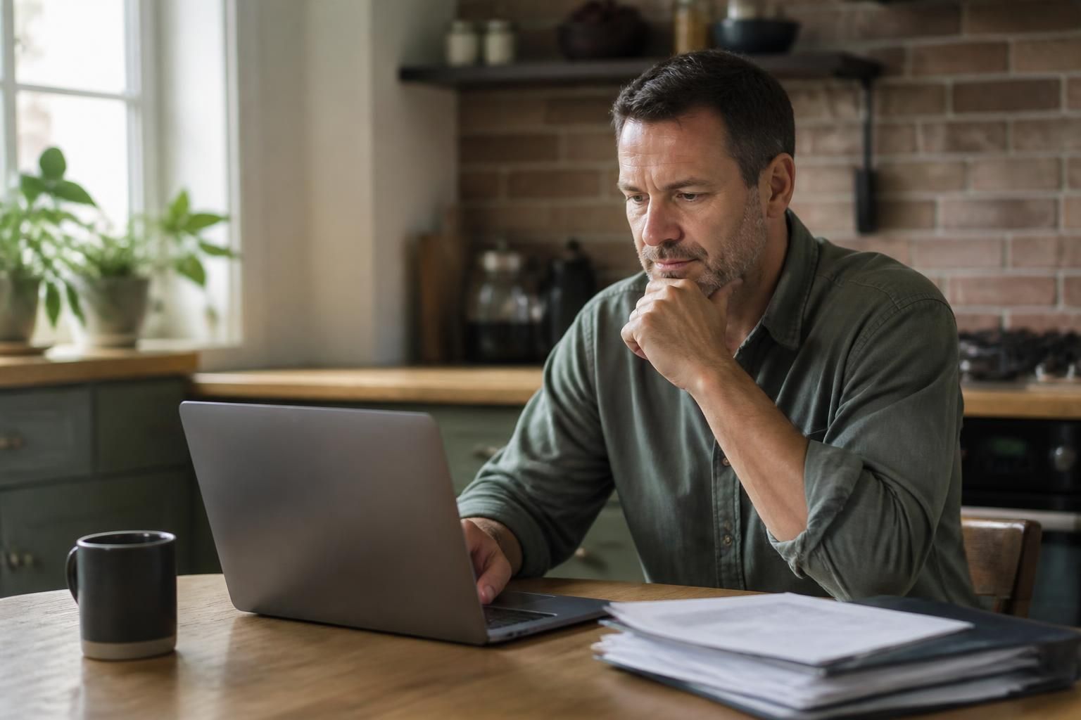 A landlord reviewing rental paperwork and a laptop at a kitchen table